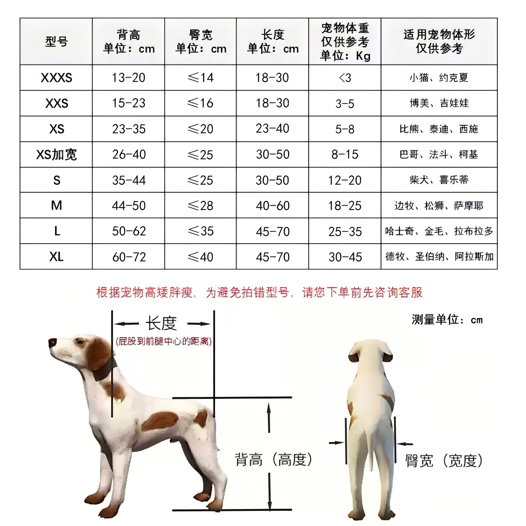 尺码对照